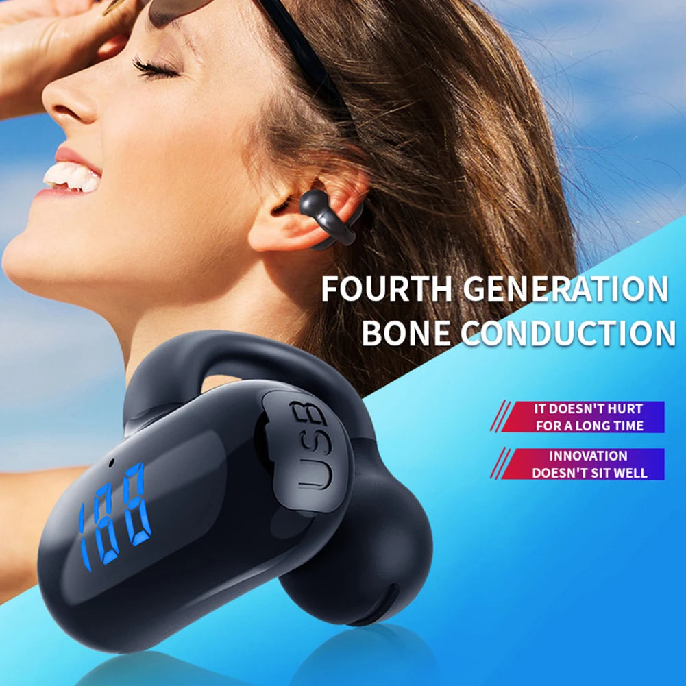 Bluetooth 5.3 Bone Conduction Open Earclips Wireless Non in Ear Digital Display IPX6 Waterproof Sports Single Earbuds with Mic