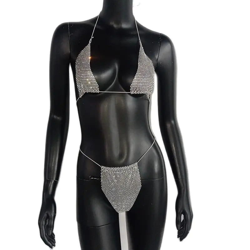 Bling Rhinestones Bra Panty Set Women Sexy Halter Bra Sexy Panty Two Piece Set Summer Beach Outfits Party Club Matching Sets