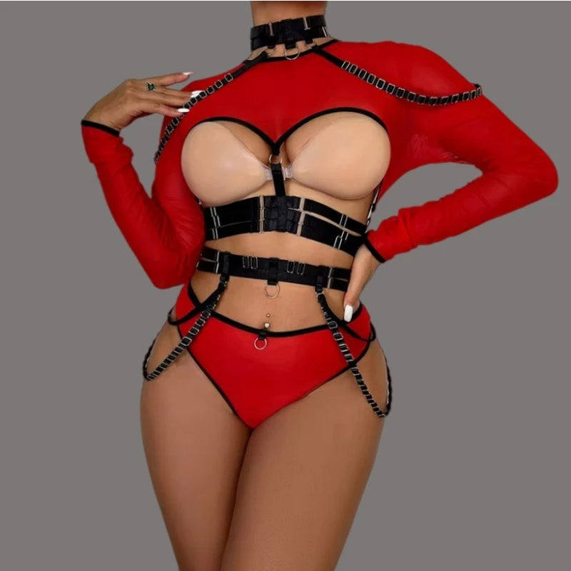 Lingeries Sexy Hot 4pcs Sexy Lingerie Sets Erotic Costumes Bandage Strap Blets Mesh Splicing Hollow Tee Tops Panty with Garter