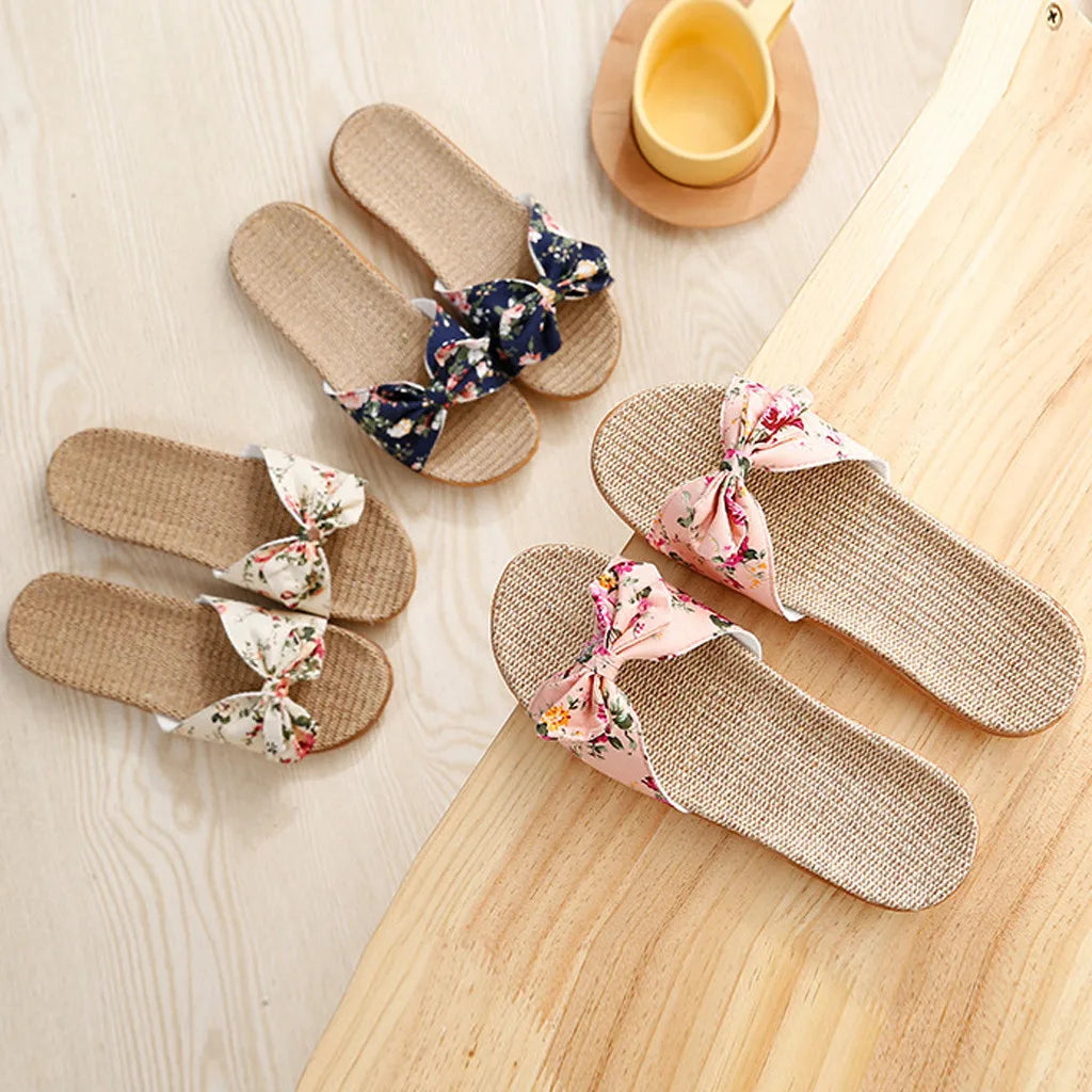 Shoes For Woman Sandalias Mujer Women Female Bowknot Flax Linen Flip Flops Beach Shoes Sandals Slipper Chaussures Femme