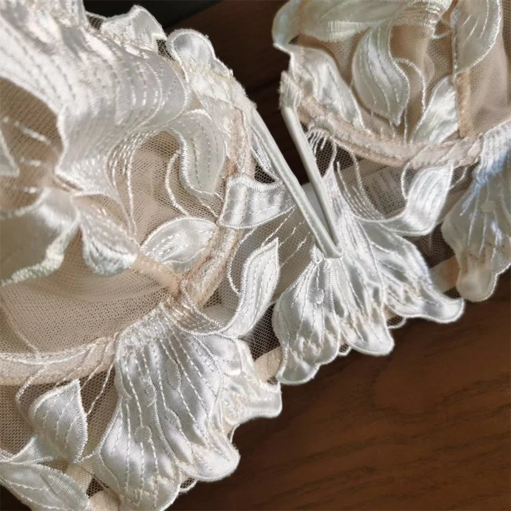Sexy French Lace Floral Embroidery Brassiere Lingerie Set Women's Underwear Set Push Up thin Bralette Deep V Bra and Panty Set