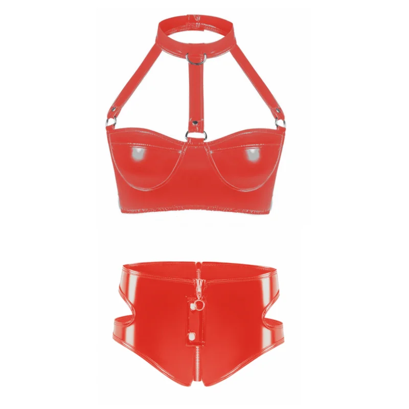 Womens Lingerie Intimates Underwear Set Rave Wet Look Patent Leather Wire-free No Padded Belly Bra Top with Zipper Panty Briefs