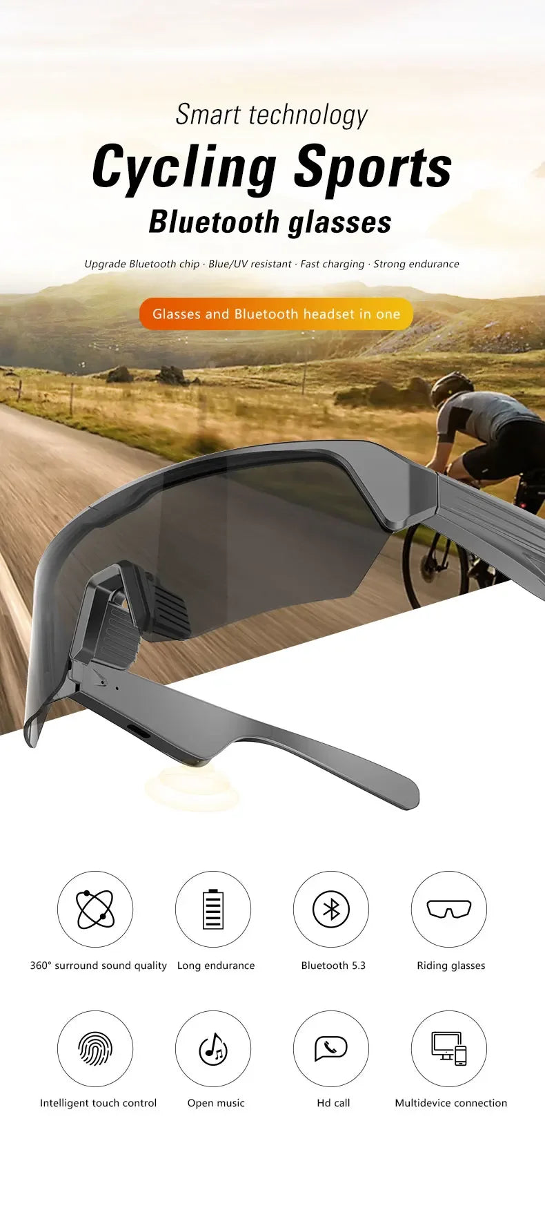 Cycling Bluetooth Smart Glasses Technology Audio Call Remote Headset Sunglasses Sports Driving Music Earbuds Headphones