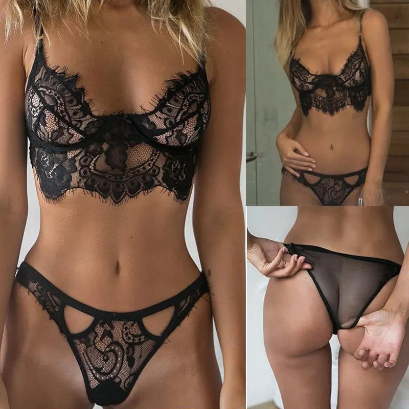 Sexy Lace Bra Set 2 Pieces Transparent Lace Floral Underwear Set Short Skin Care Push Up Bra Panty Suit Erotic Lingeries Sets