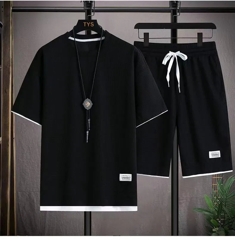2025 Men's Sports Set Casual T-shirt and Shorts Loose and Comfortable Summer Waffle Set Jogging Set