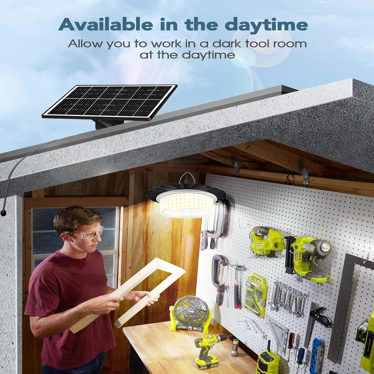Solar Shed Light Solar Powered Motion Sensor Pendant Light Solar Lights with 5 Lighting Modes & Remote for Shed Gazebo Garage