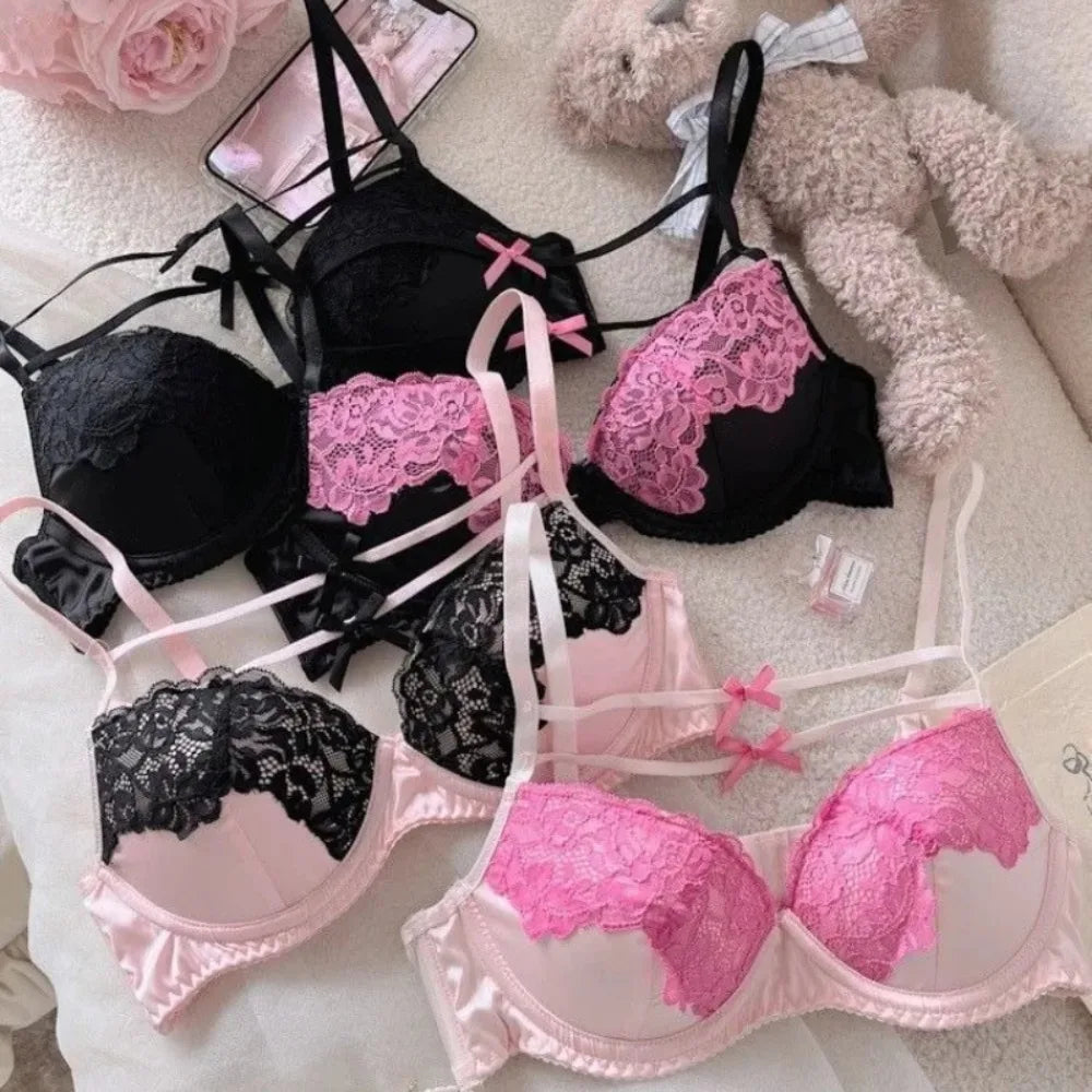 Women Underpants Low Waist Mesh Hollowed Bow Panties and Bra Set Breathable Briefts Lace Push Transparent Lingerie
