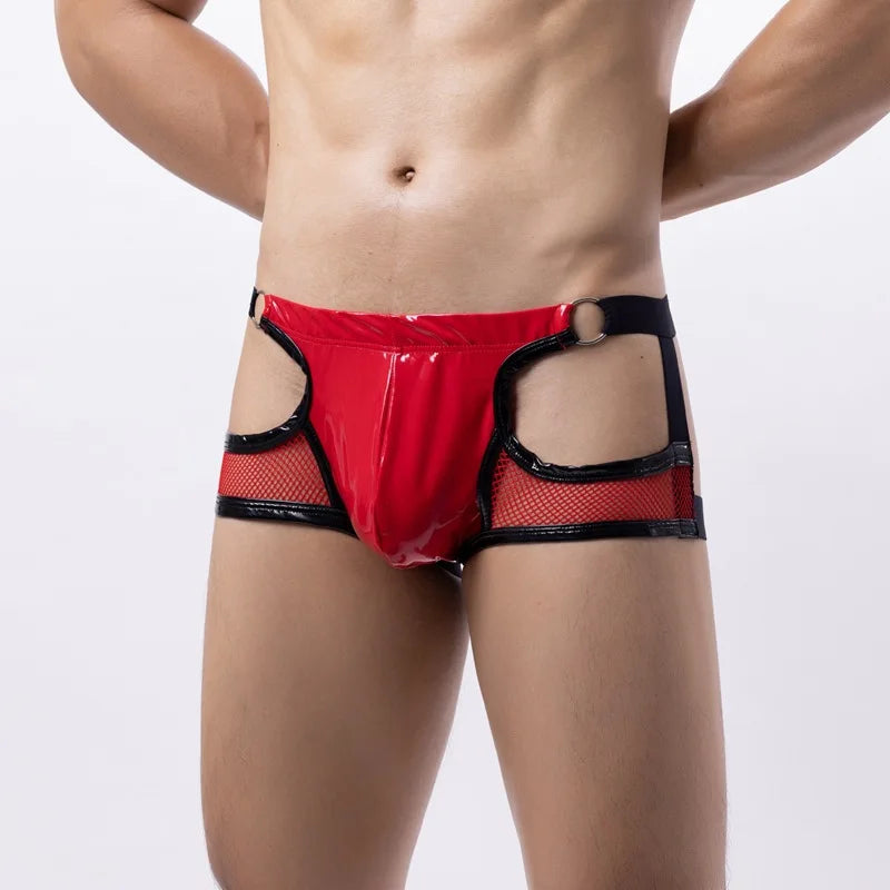 Lingerie Men Briefs Thong G-string String Homme PU Leather Mesh Patchwork Latex Panties Jockstrap Exotic Open Butt Gay Boxers