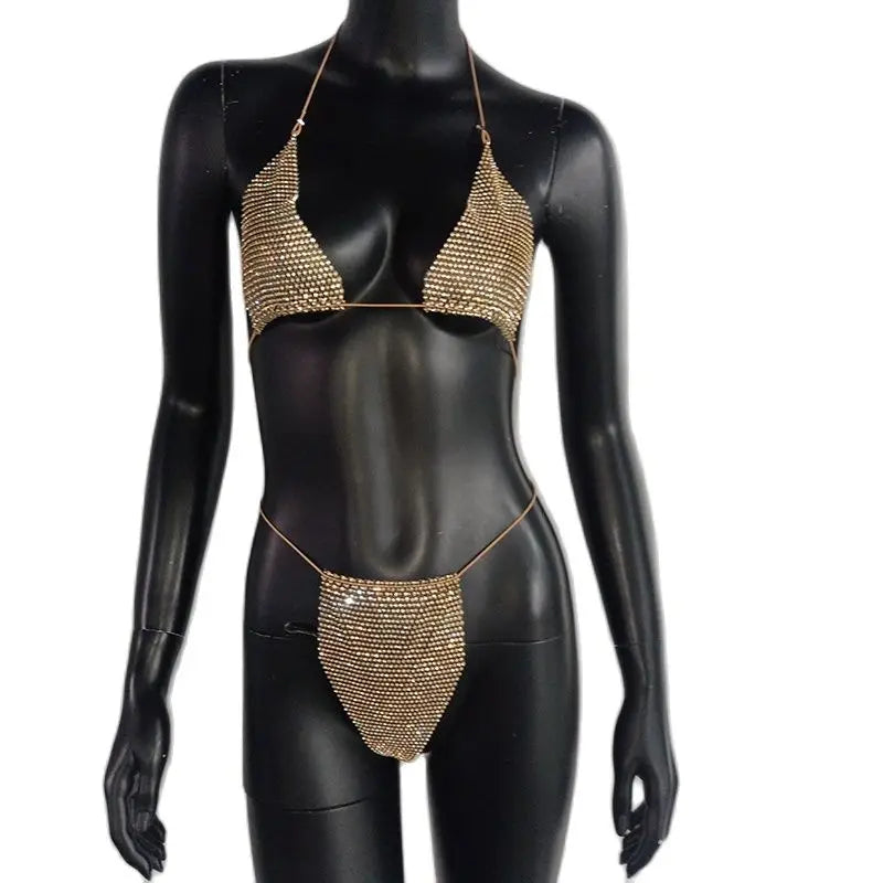 Bling Rhinestones Bra Panty Set Women Sexy Halter Bra Sexy Panty Two Piece Set Summer Beach Outfits Party Club Matching Sets