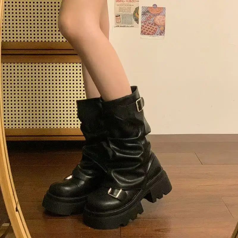Shoes for Women  Mid-Calf Women's Boots Platform Modern Boots Women Belt Buckle Square Toe Side Zip Square Heel Shoes Female
