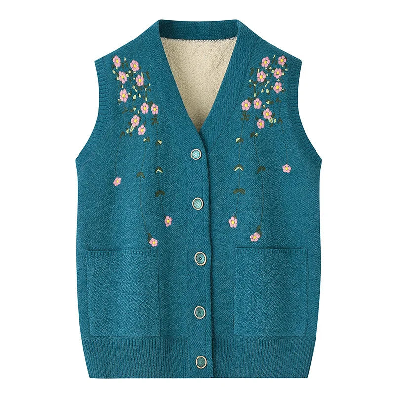 Grandma's Vest Autumn Winter Embroidered Middle Aged Mother's Outfit Cardigan Jacket Knitwears Sweater Women Wool Velvet Sueter
