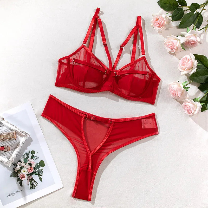 Women Bra and Briefs Sets Lace Flower Embroidery Sexy Perspective Underwire Erotic Lingerie Panty Two-Piece Underwear Set 2026