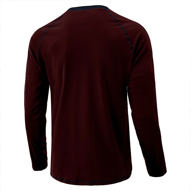 Summer  Autumn Men's American Heavy Cotton Henry Shirt  Long Sleeve Fitness Tough Guy T-Shirt Casual  T Shirt for Men Clothing