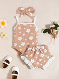 Summer  1-3  Years Old Cool  Girls   Strap  Jumpsuit  And  3-cornered  Shorts  With  Hair  Band  3-Piece  Set