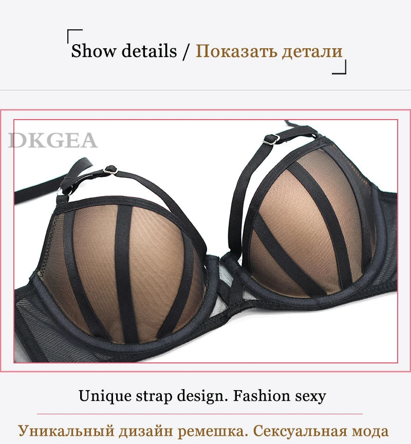Bandage Push Up Bra Panties Sets Thick Padded Brassiere Fashion Black Deep V Sexy Underwear Set Women Plus Size D Cup Lingerie