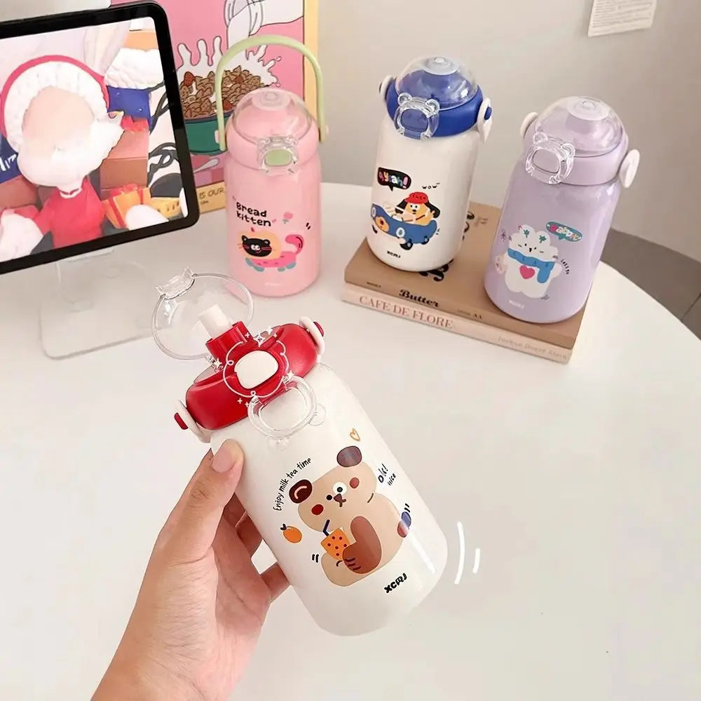 Cartoon Thermal Cup Large Capacity Double Drinking Straw Student Water Cup Stainless Steel Leakproof Insulated Cup for Children