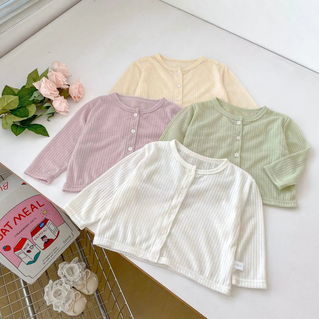 Summer Baby Girl Sunscreen Shirt Solid Color Simple Round Neck Air Conditioning Cardigan Lightweight Breathable Girl's Coat