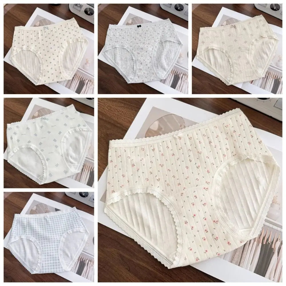 Lingerie Mid-waist Underwear for Women Bear Grid Sweet Floral Panties Underpants Bow Cotton Briefs Lady