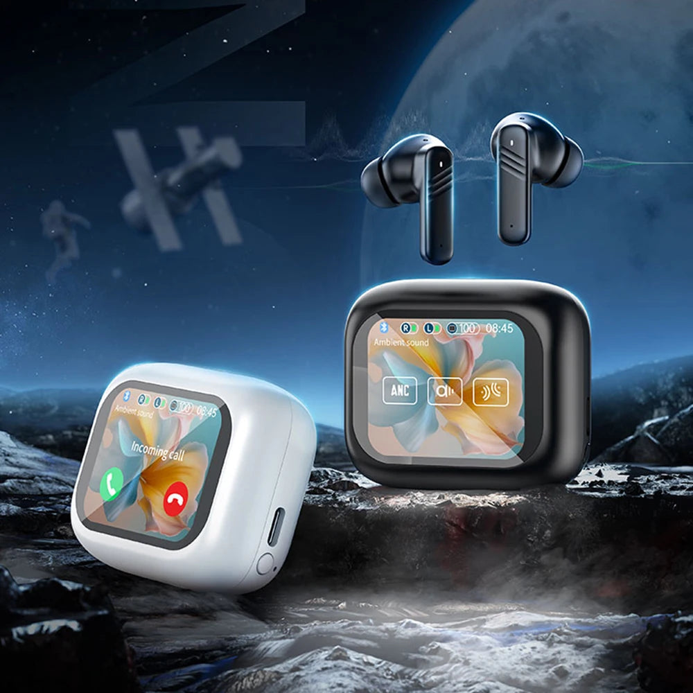Bluetooth 5.4 ANC Headset Color Screen Touch Active Noise Cancellation Earbuds HIFI Stereo Sports Waterproof Earphones