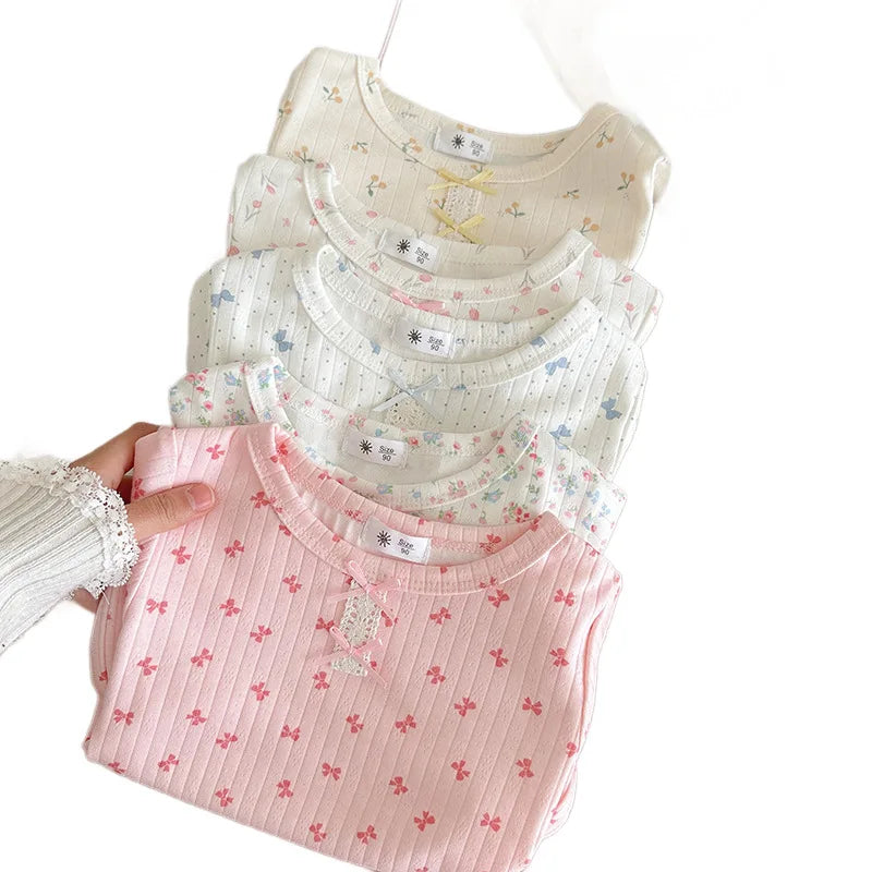 Summer New Girl's Clothes Korean Version Floral Short Sleeve T-shirt+Long Pants Home Wear Two Pieces Set Breathable Clothes