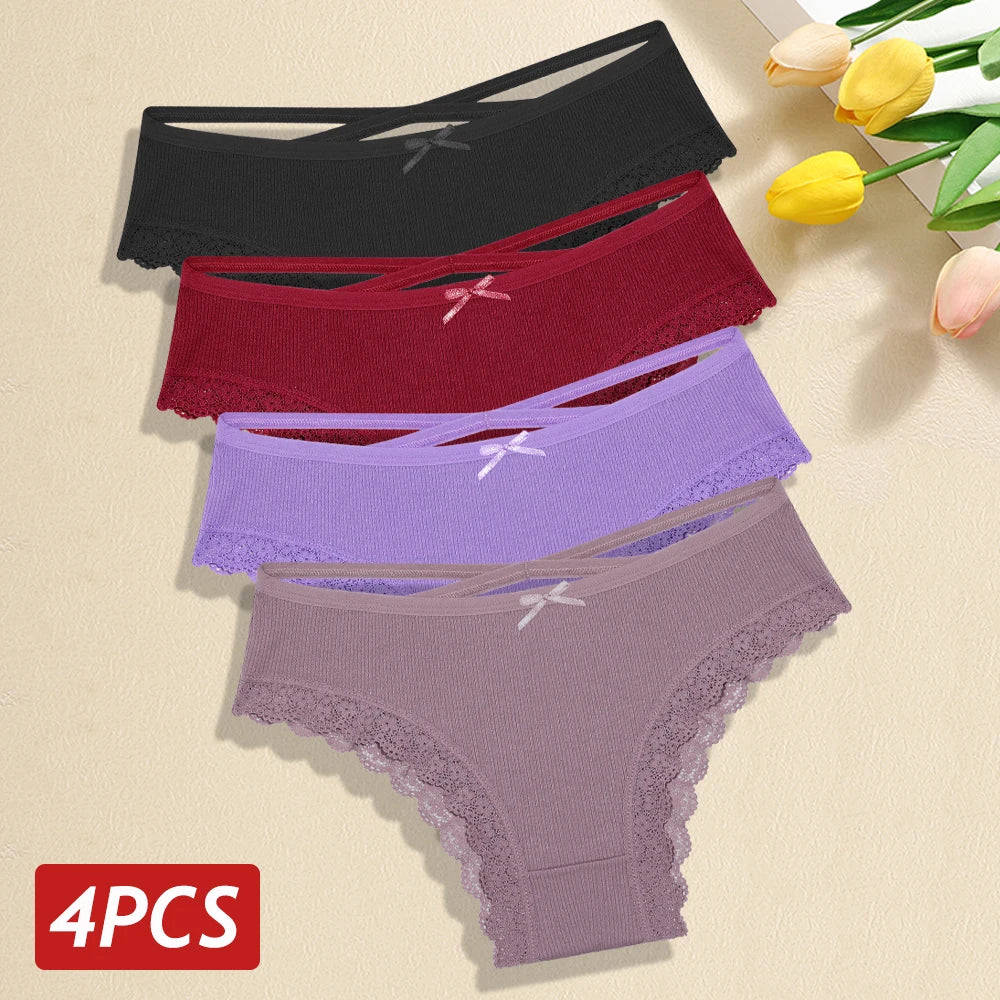 4PCS/Set Women Cotton Panties Sexy Lace Braizlian Panties Low Rise Hollow Out Underwear for Female Cute Bow Breathable Lingerie