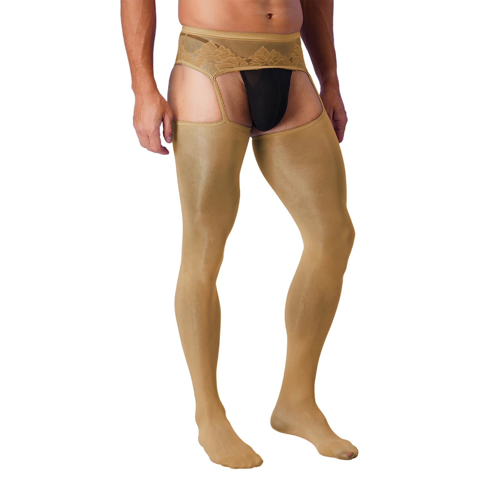 Lingerie Mens Ultra Thin Mesh Leggings Gays Pantyhose Floral Lace See Through Underpants Garter Stockings for Night Dating Wear
