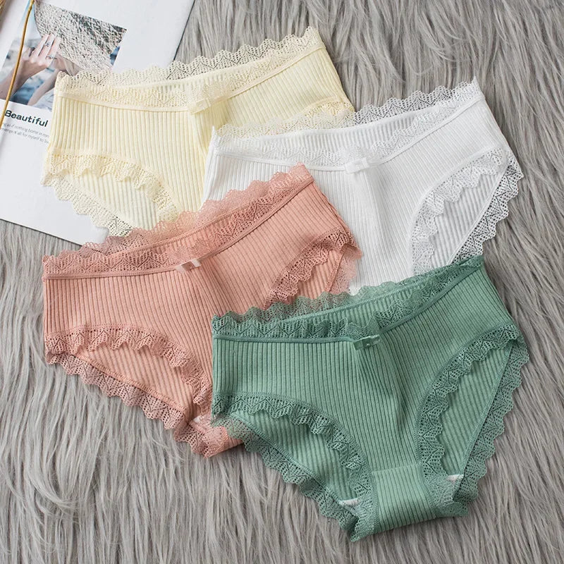 Lingerie Underwear Women Bow New Lace Panties Briefs Low Waist Solid Color Middle-Waisted Underpants Female Lingerie Briefs
