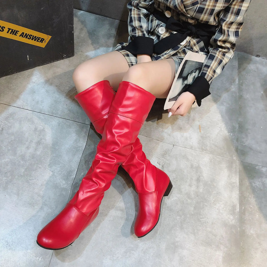 Shoes for Women 2023 Spring Knee High Boots Red Black White Tall Boots Woman Pleated Low Heel Casual Leather Female Long Shoes