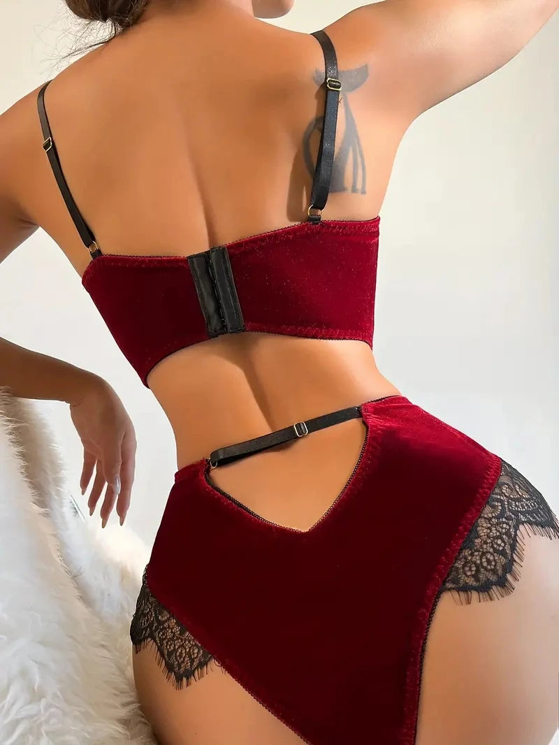 2-Piece Flocked Bra And Panty set For Women, Matching Lace Underwired Bra Set, Hollow Design At The Back Of The Pants, Soft And