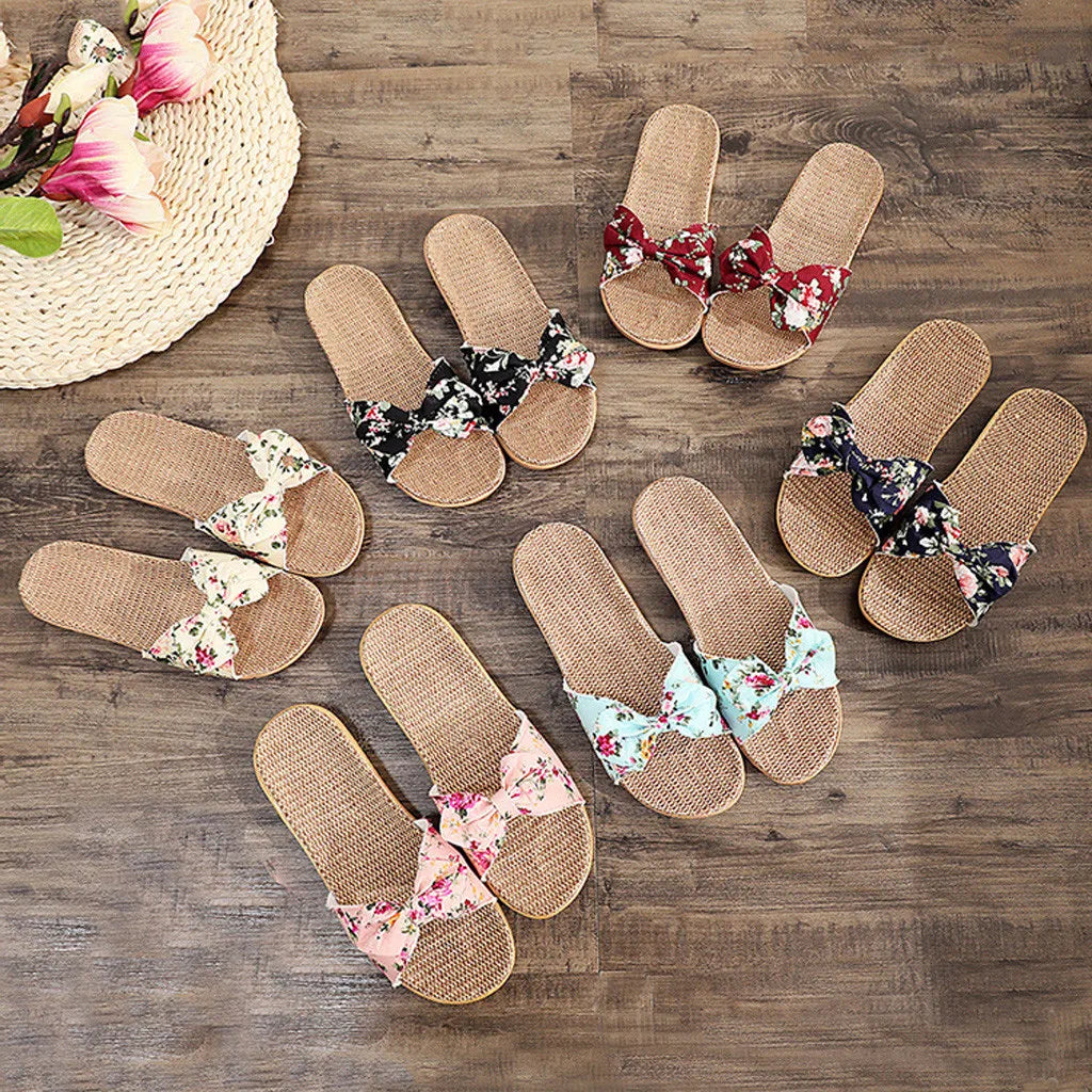 Shoes For Woman Sandalias Mujer Women Female Bowknot Flax Linen Flip Flops Beach Shoes Sandals Slipper Chaussures Femme