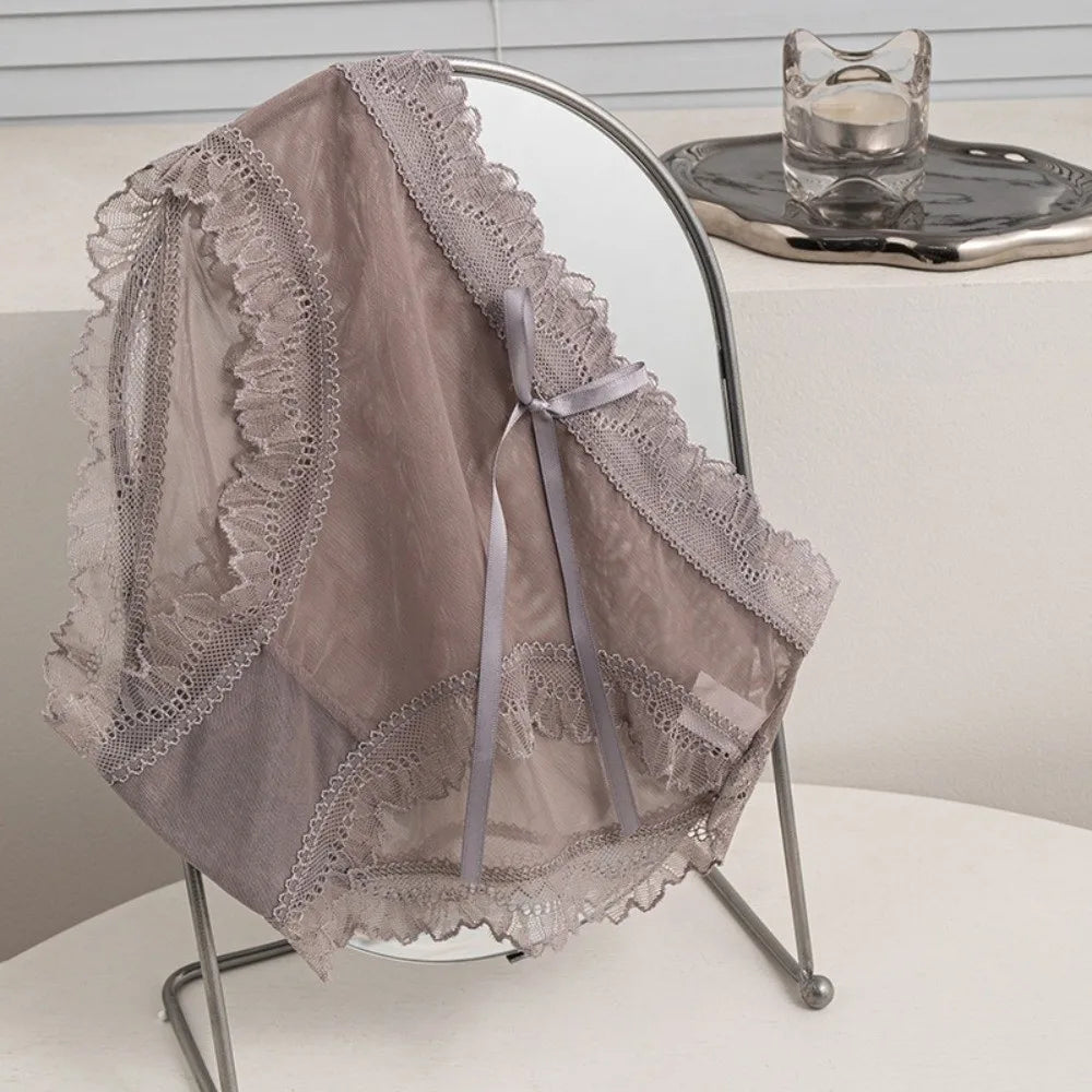 Lingerie Low Waist Lace Panties Ice Silk Bow Underwear for Women Cotton Crotch Seamless Panties Girl