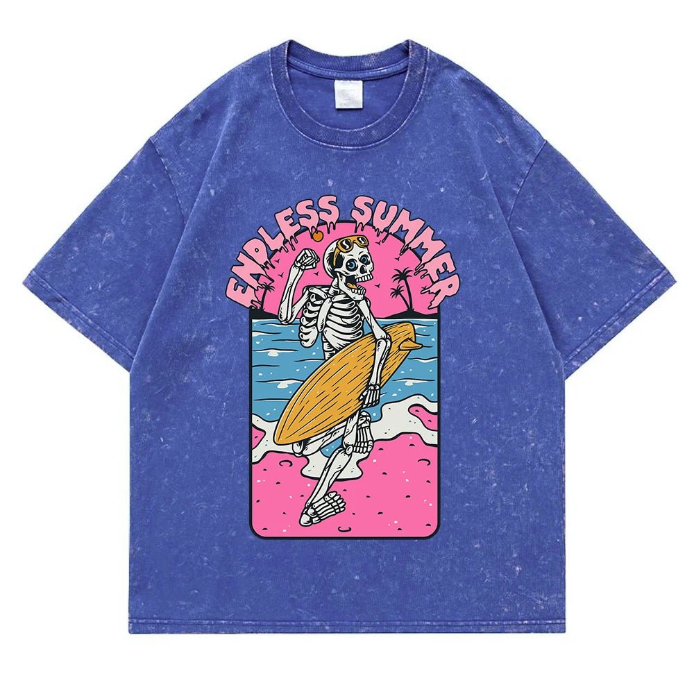 Endless Summer Skeleton Surfing 
Washed Retro Snow Clothing Men Quality T-Shirt Summer Cotton T-Shirts Hip Hop Street Loose Tops