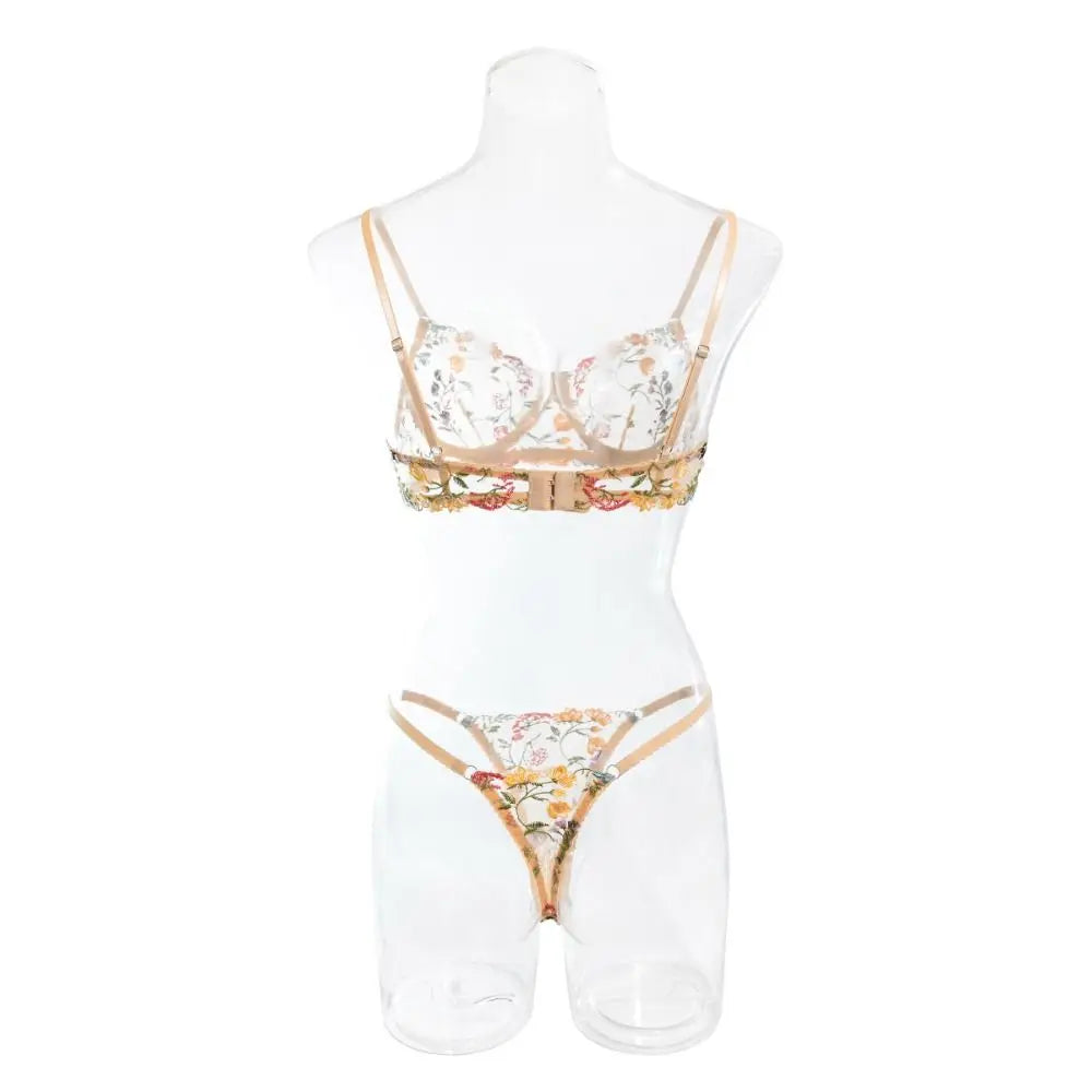 2-Piece Versatile Floral Lingerie Set Embroidery Sheer Boho Bra Panty Set Intimates