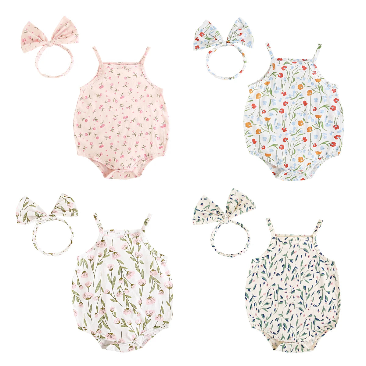 Summer Baby Girls Bodysuits Sweet  Infants Flower Onesies with Headband Cute