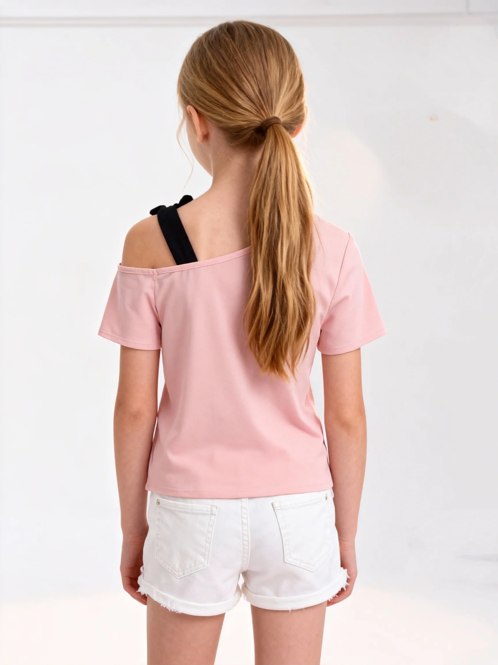 Summer New Girls' Short Sleeved Off Shoulder Solid Color Casual T-Shirt Fashionable And Versatile Design Sense Fashionable Top