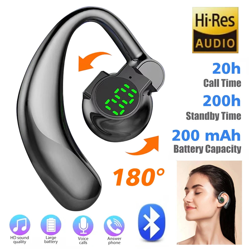 Bluetooth 5.4 Wireless Headphones Headset Handsfree Noise Cancelling Rotatable Sport Digital Display Single Ear Earhook Earphone