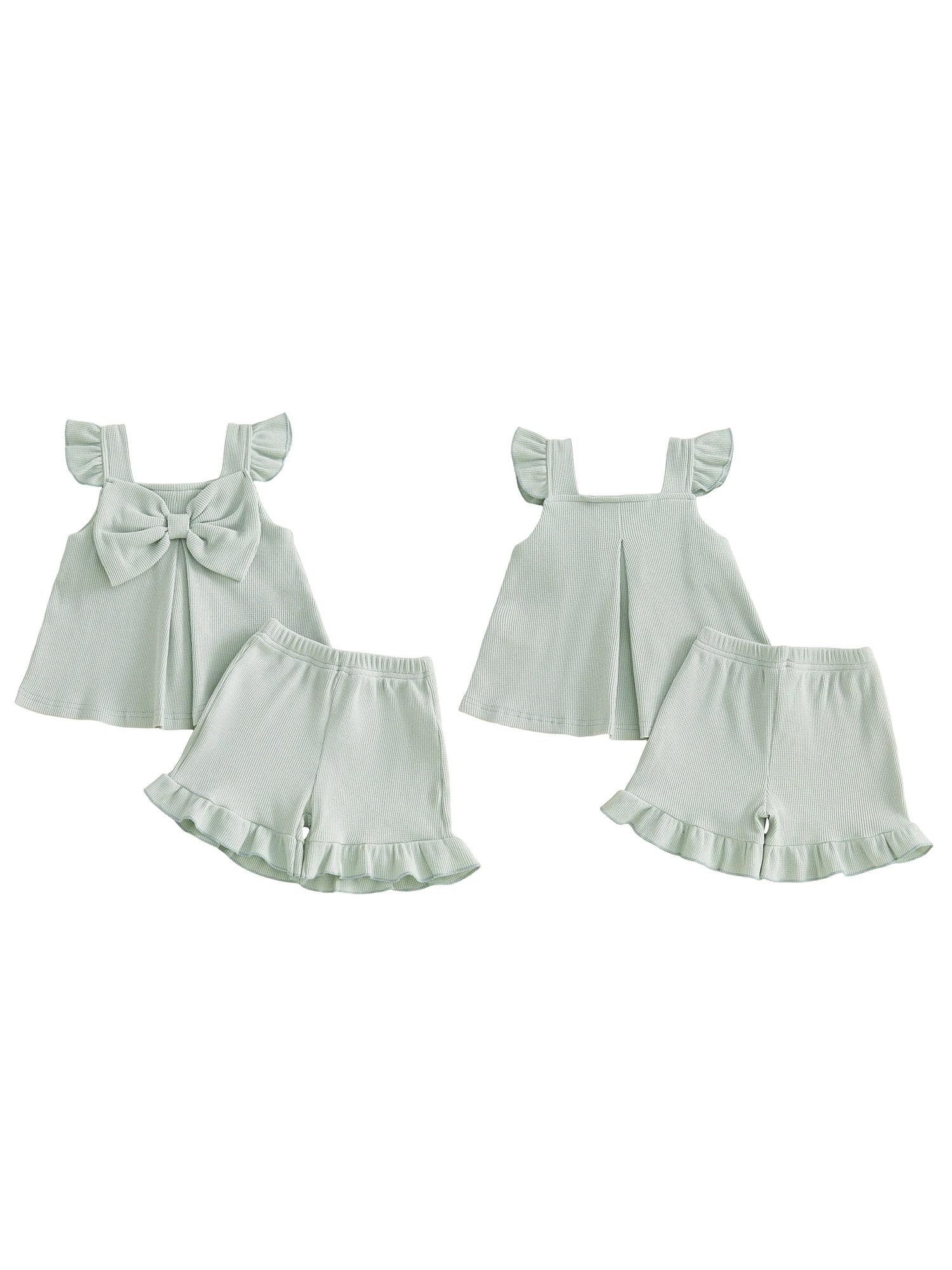 Summer Kids Girls Outfits Solid Color Flying Sleeve Tops Shorts Casual Clothes Set