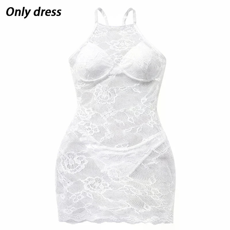 Lingerie Women Lace Rose Hollowed-out Nightgown Transparent Bodycon Dress