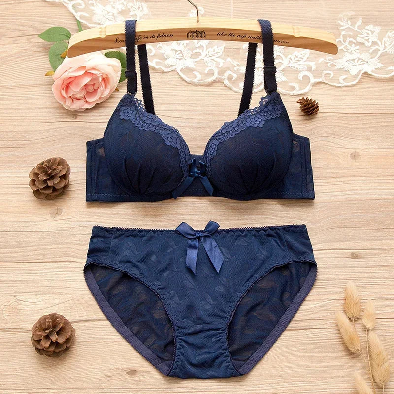 2pcs/set Solid Color Lace Bow Sexy No Steel Rings Comfortable Girls Bra Gather Adjustable Bra Panties Set Teen Underwear Puberty
