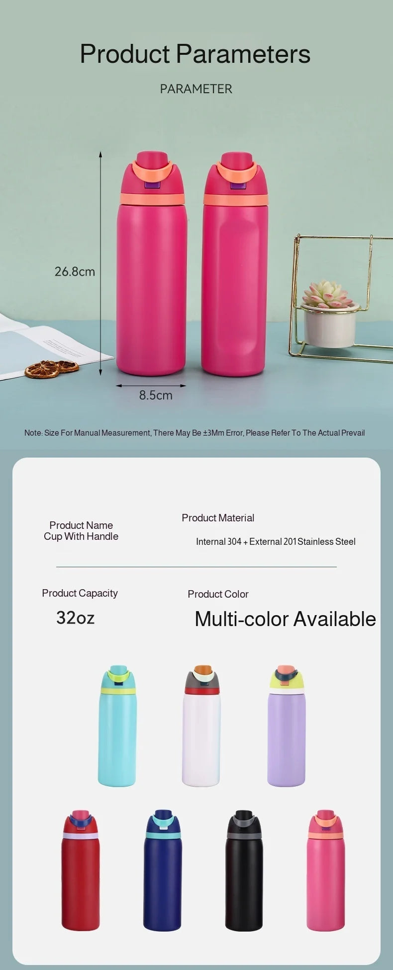 19/24/32oz Thermos Cup Fruit Mug Kids Straw Cup Vacuum Flasks Stainless Steel Travel Thermal Water Bottles