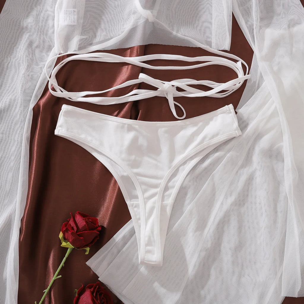 New Comfortable Perspective Mesh Bra Pants Suit Women's Sexy White Body Shaping Underwear Female Pure Desire Cover Up Split Set