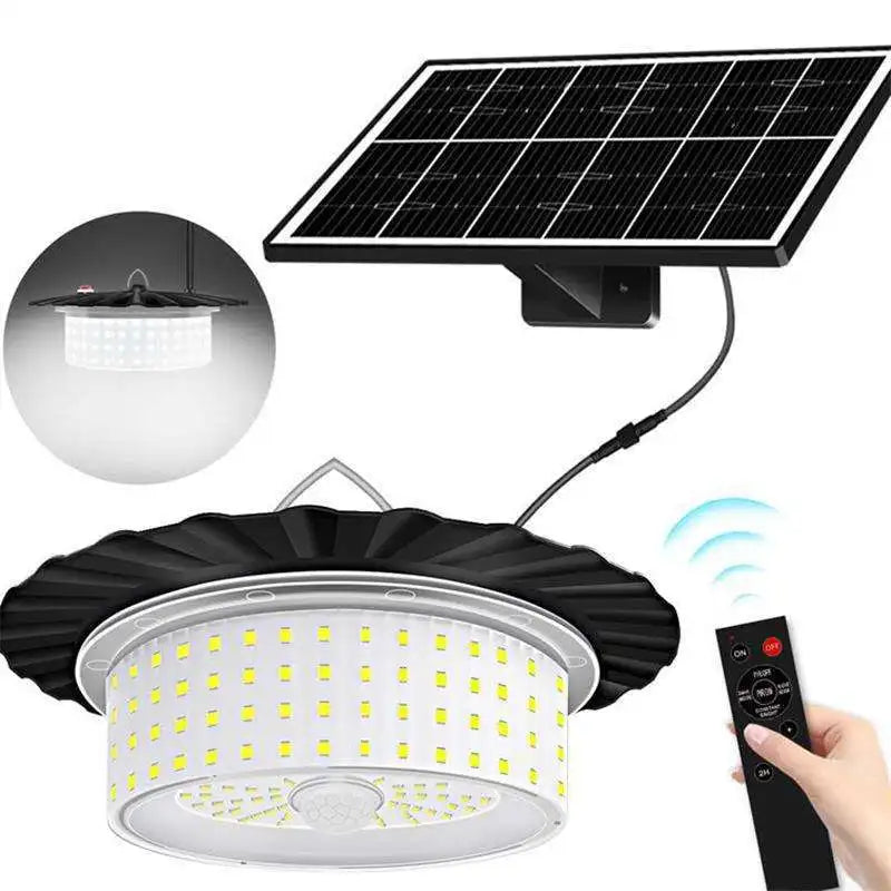 Solar Shed Light Solar Powered Motion Sensor Pendant Light Solar Lights with 5 Lighting Modes & Remote for Shed Gazebo Garage