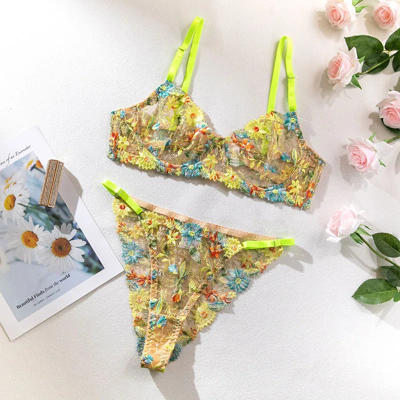Women Bra and Briefs Sets Lace Flower Embroidery Sexy Perspective Underwire Erotic Lingerie Panty Two-Piece Underwear Set 2026
