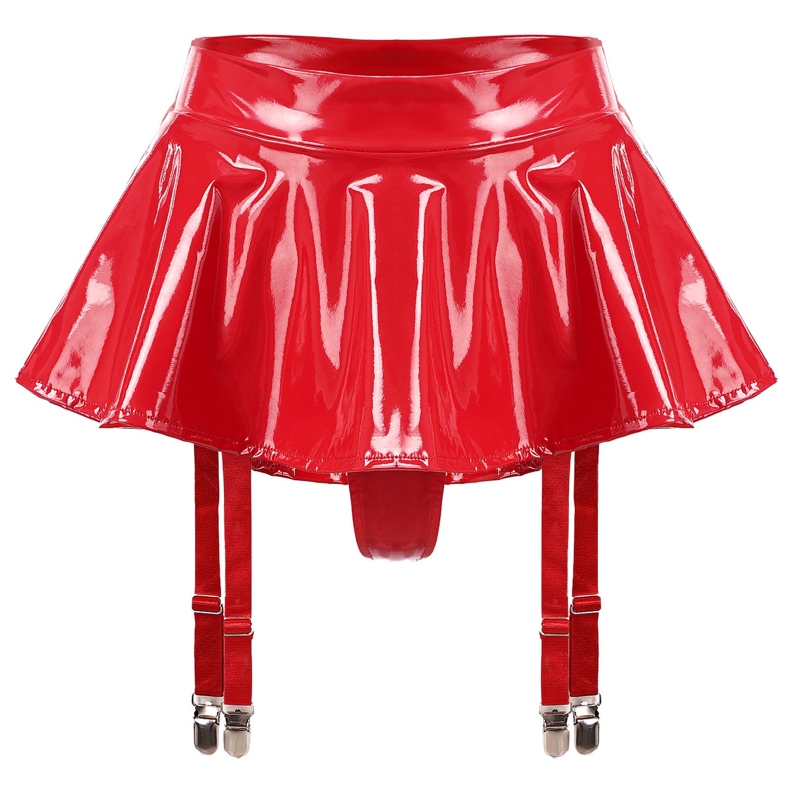 Lingerie Sexy Set Women Wetlook Patent Leather Wire-free Open Cup Sexy Bra with Ruffle Built-in Thongs Garter Belt Mini Skirts