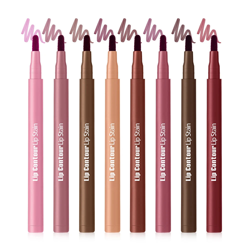2-in-1 Lip Contour Lip Stain Pen Smudge-proof Non-stick Cup Moisturizing Lip Makeup Cosmetic Dual-Sided Tip Lip Stain & Liner