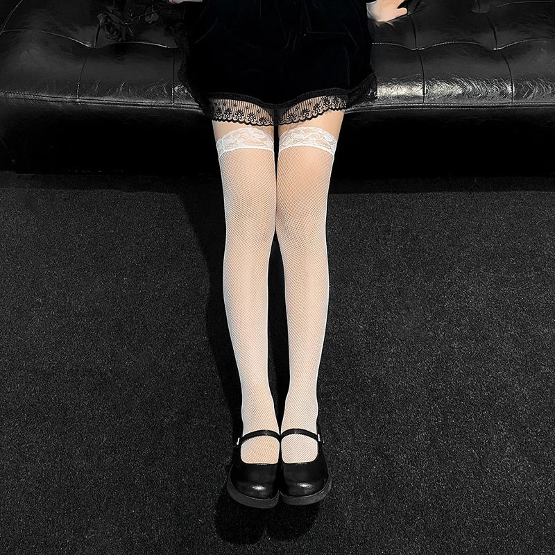 Lingerie Open Crotch Stockings Thigh-High Stockings Lace Trim Sexy Fishnet Stockings Seductive And Alluring