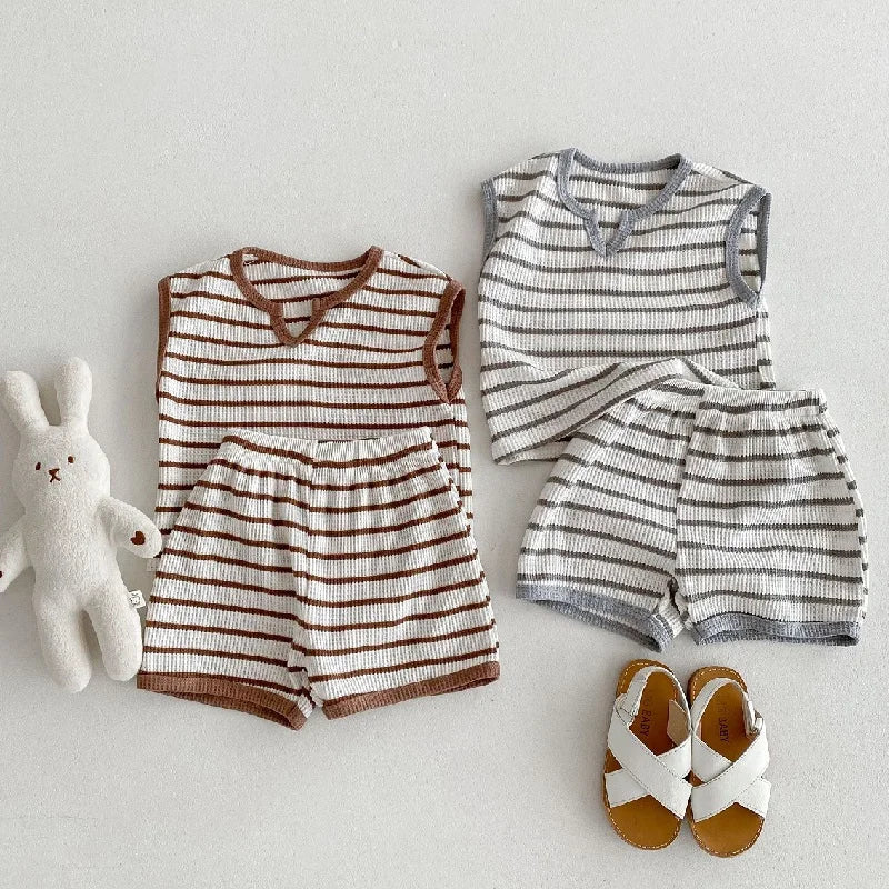Summer baby clothes 0-5T solid color boys striped sleeveless T-shirt shorts set breathable girls vest short sleeved shorts set