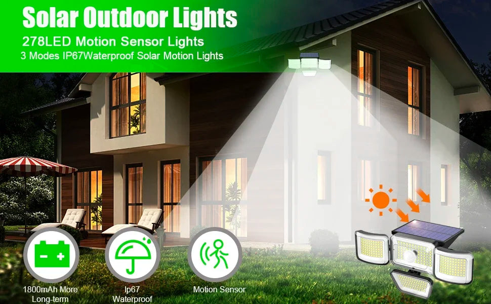 Solar Outdoor Lights 278LED IP65 Waterproof Motion Sensor Security Lights with Remote Control Solar Wall Lamp for Garden