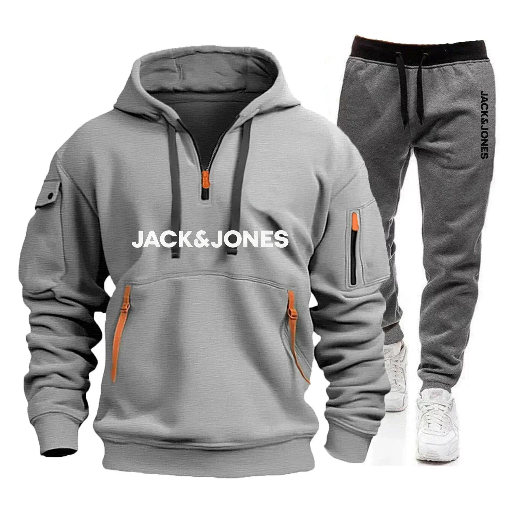 A two-piece outdoor fashion jogging and fitness set for men in autumn and winter, featuring a hooded sweatshirt and casual pants
