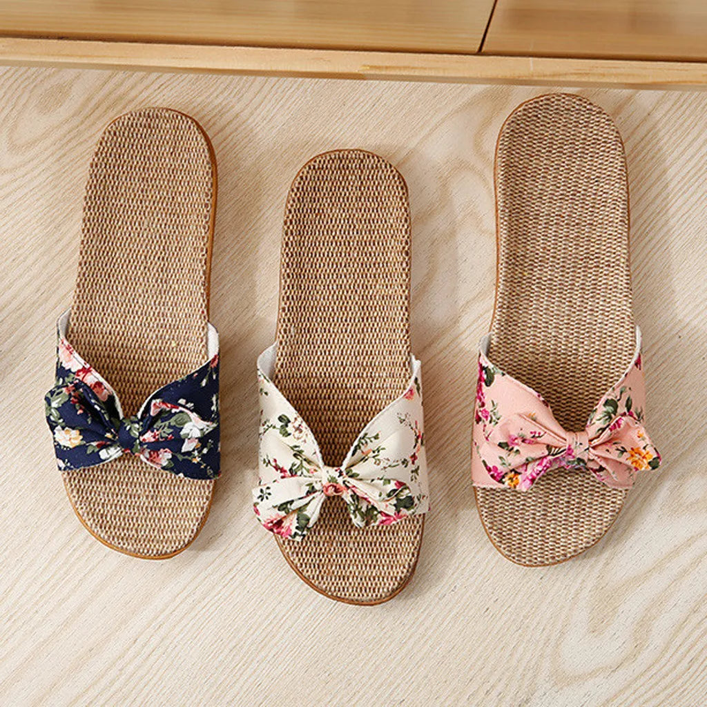 Shoes For Woman Sandalias Mujer Women Female Bowknot Flax Linen Flip Flops Beach Shoes Sandals Slipper Chaussures Femme